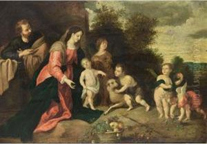 The Holy Family With St. John
The Baptist, An Angel And Putti In A Landscape, A Fruit Still Life In
The Foreground by Pieter Van Avont
