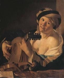 A Woman Playing The Lute, A Violin, Flute And Music On A Drapedledge Before Her by Dirck Van Baburen