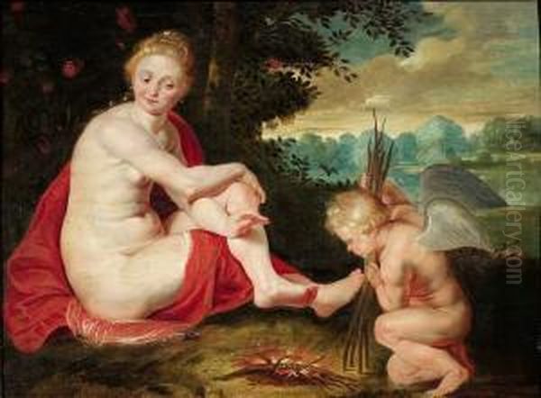 Venus And Amor. Oil/oak - view 1