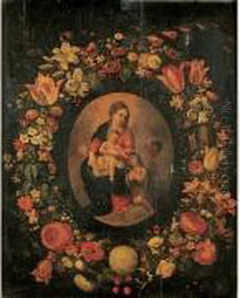 Vierge A L'enfant Et Saint Jean-baptiste Dans Une Guirlande De Fleurs - view 1