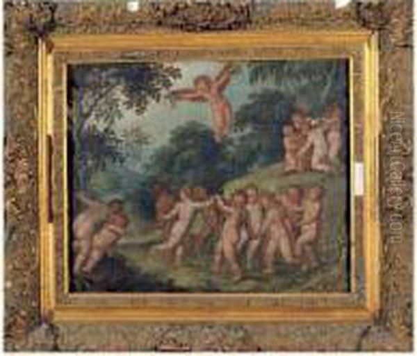 Une Ronde De Putti Dans Un Paysage Boise - view 1
