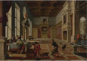 Interior Of A Palace With Elegant Figures Dining (parable Of Lazarus And The Rich Man) by Bartholomeus Van Bassen
