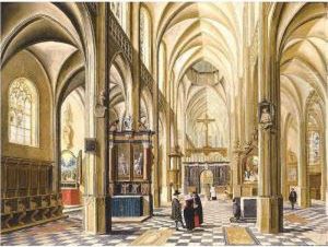 The Interior Of A Gothic Cathedral With Elegant Townsfolk