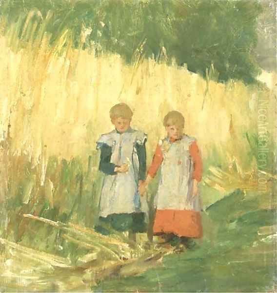 Sisters a walk through a field in summer - view 1