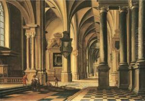 A Church Interior With Elegant Company Conversing In The Aisle - view 1