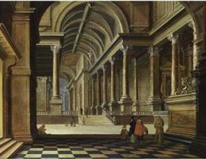 An Interior Of An Imaginary
Classical Church With An Elegant Couple Conversing With A Monk In The
Foreground by Bartholomeus Van Bassen