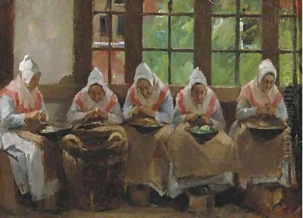 Peeling potatoes at the Joodse Oudeliedengesticht in the Nieuwe Kerkstraat, Amsterdam - view 1