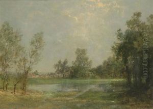 Landscape With Houses Near A Lake. Canvas