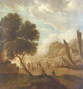 A Mediterranean landscape with elegant figures resting by the shore, moored sailing vessels and a ruin nearby by Franz Ferg