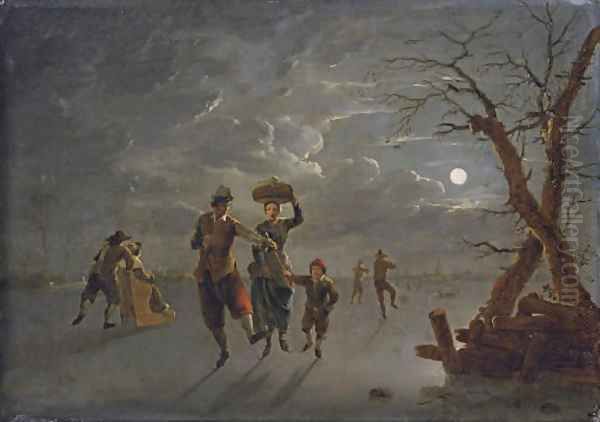 A moonlit winter landscape with skaters on a frozen river - view 1