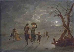 A moonlit winter landscape with skaters on a frozen river by Franz Ferg