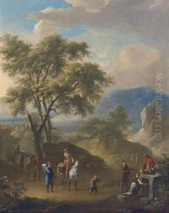 A mountainous landscape with peasants travelling on a path by Franz Ferg