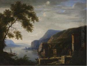 An Extensive Italianate River 
Landscape With Travellers Near Ruins, Shipping Near A Harbour Beyond by Willem Van Bemmel