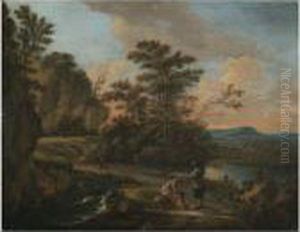 A River Landscape With A Traveller And A Beggar In The Foreground by Willem Van Bemmel