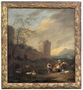 Hirten Mir Ihrem Vieh An Einer Furt Vor Einer Stadtmauer In Sudlicher Landschaft