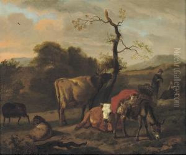 Cows, Sheep And A Donkey In A Landscape - view 1