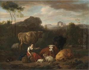 An Italianate Landscape With A Shepherdess Seated Amongst Sheep And Cattle by Dirk van Bergen