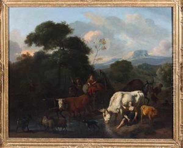 A Pastoral River Landscape With A
Bullock Cart Crossing A Ford And Other Figures And Animals Nearby by Dirk van Bergen