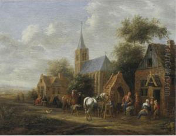 A Village Scene With Figures Conversing Before Cottages And Horses Eating From Mangers - view 1
