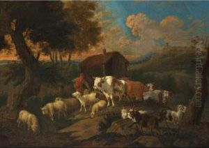 A Peasant With Sheep And Goats Near A Farmstead In A Hilly Summer Landscape by Dirk van Bergen