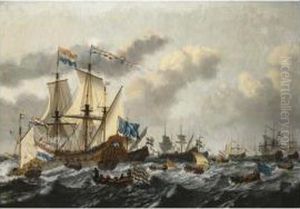 The Dutch Fleet At Sea In A 
Breeze, With A States-yacht Firing A Salute To The Flagship, De Witte 
Olifant