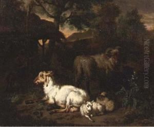 Sheep Resting In A Wooded Landscape And A Shepherdess With Her Dog In Front Of A Cottage by Dirk van Bergen