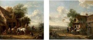 Landscapes With Cavaliers Watering Their Horses Outside Taverns by Dirk van Bergen
