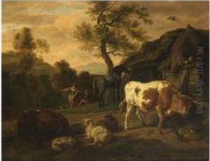 Cattle Near A Farmstead, Two Shepherds Beyond