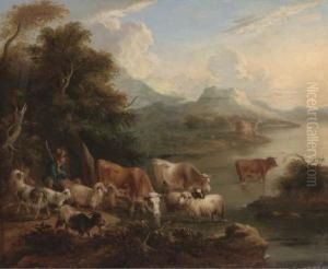 A River Landscape With A Shepherd, His Flock And Other Cattle Onthe Bank by Dirk van Bergen