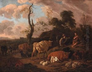 An Italianate Landscape With A
Traveller Asking Directions Of A Shepherd Surrounded By Sheep And Cattle by Dirk van Bergen