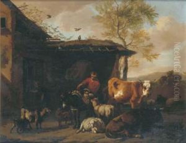 A Rustic By A Barn With His Donkey And Other Animals - view 1