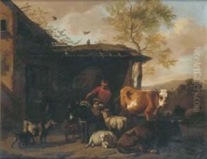 A Rustic By A Barn With His Donkey And Other Animals