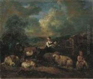 Paesaggio Con Figure E Armenti E Un Casolare In Lontananza by Dirk van Bergen