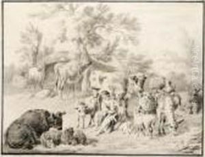 A Herdswoman Seated Amongst Her Animals, With A Lamb In Her Arms by Dirk van Bergen