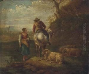 An Italianate River Landscape 
With A Shepherd And Shepherdess Andtheir Flock; And An Italianate River 
Landscape With A Drover Andhis Cattle by Dirk van Bergen