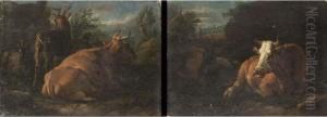 A Cows And Goats In A Landscape by Dirk van Bergen