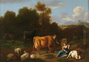 A Shepherd And Shepherdess With Sheep And Cattle In An Italianate Landscape