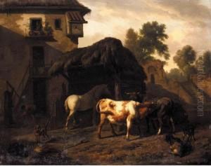 A Farmyard Scene, With Cattle, A Horse And Goats, A Boy Drawing Water From A Well Beyond by Dirk van Bergen