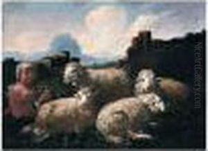 Landscape With Animals And A Drover Resting By A Tree by Dirk van Bergen
