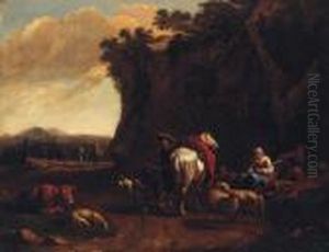 A Rocky Landscape With Drovers Resting By A Track