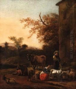 An Italianate Landscape With A Milkmaid And A Herdsman Beside Avilla