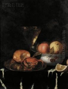Still Life With Crab, Fruit, Bread, And Wine Glass On A Draped Table
