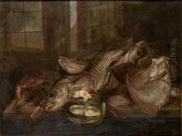 A Lobster, Crab, Turbot And Other Fish On A Table Top, Before An Open Window - view 1