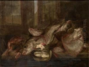 A Lobster, Crab, Turbot And Other Fish On A Table Top, Before An Open Window