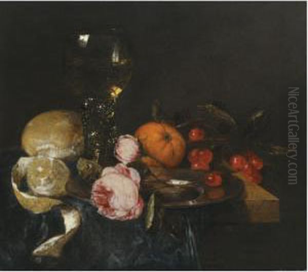 A Still Life With A Roemer, A
Peeled Lemon, Bread, Roses On Apewter Plate, An Orange And Cherries, All
On A Draped Table - view 1