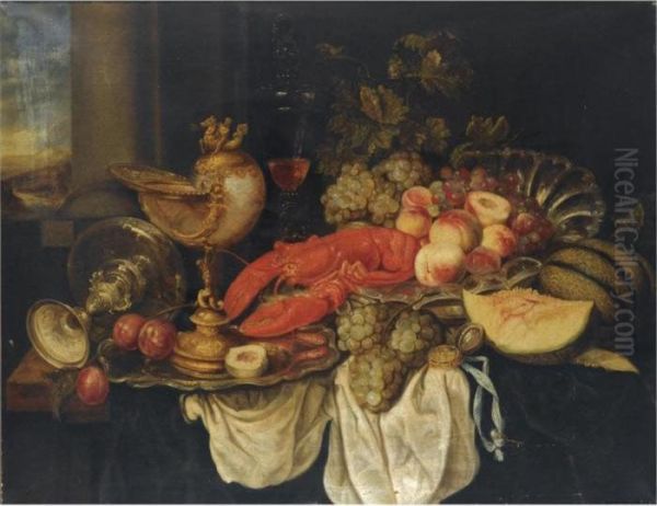 A Sumptuous Still Life With A
Lobster, A Nautilus Cup, Grapes, A Tazza, Peaches And Other Fruit On A
Draped Table - view 1