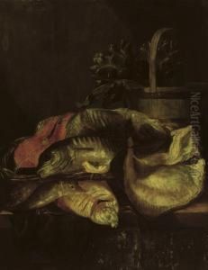 Various Fish Near A Wooden Basket With Artichokes, All On A Table by Abraham Hendrickz Van Beyeren