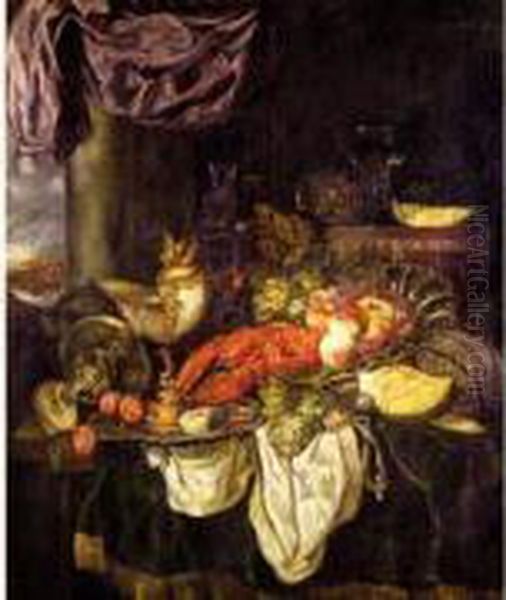 Nature Morte Au Homard, Aux
Fruits Et Aux Raisins, Avec Un Nautile, Une Coupe En Argent Et Des
Verres. - view 1