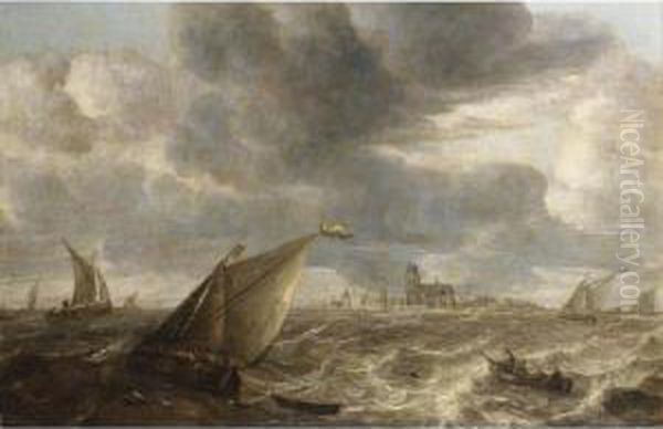 A River Landscape With Fishing 
Boats In A Strong Breeze Before A Town, Probably Dordrecht - view 1