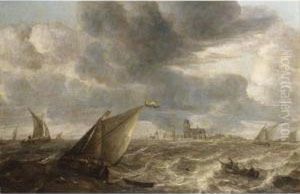 A River Landscape With Fishing
Boats In A Strong Breeze Before A Town, Probably Dordrecht by Abraham Hendrickz Van Beyeren